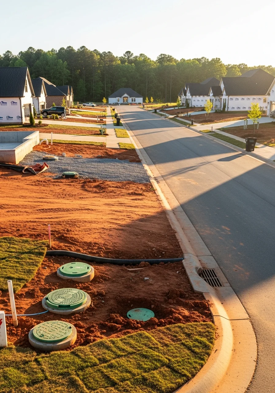 New residential development in Cabarrus County with contemporary homes and landscaping.