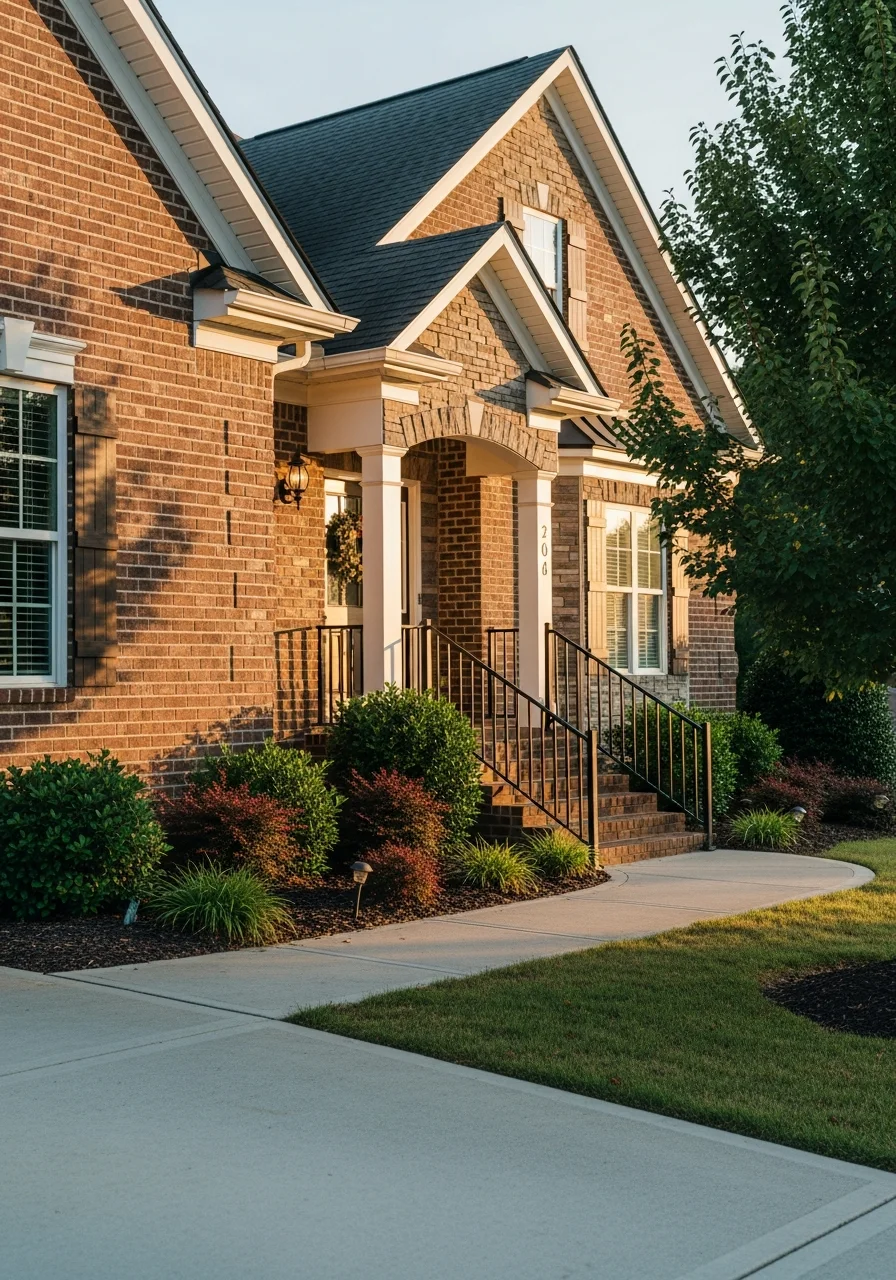 Close-up of a Lincoln home's front entrance with welcoming porch and landscaping detail.