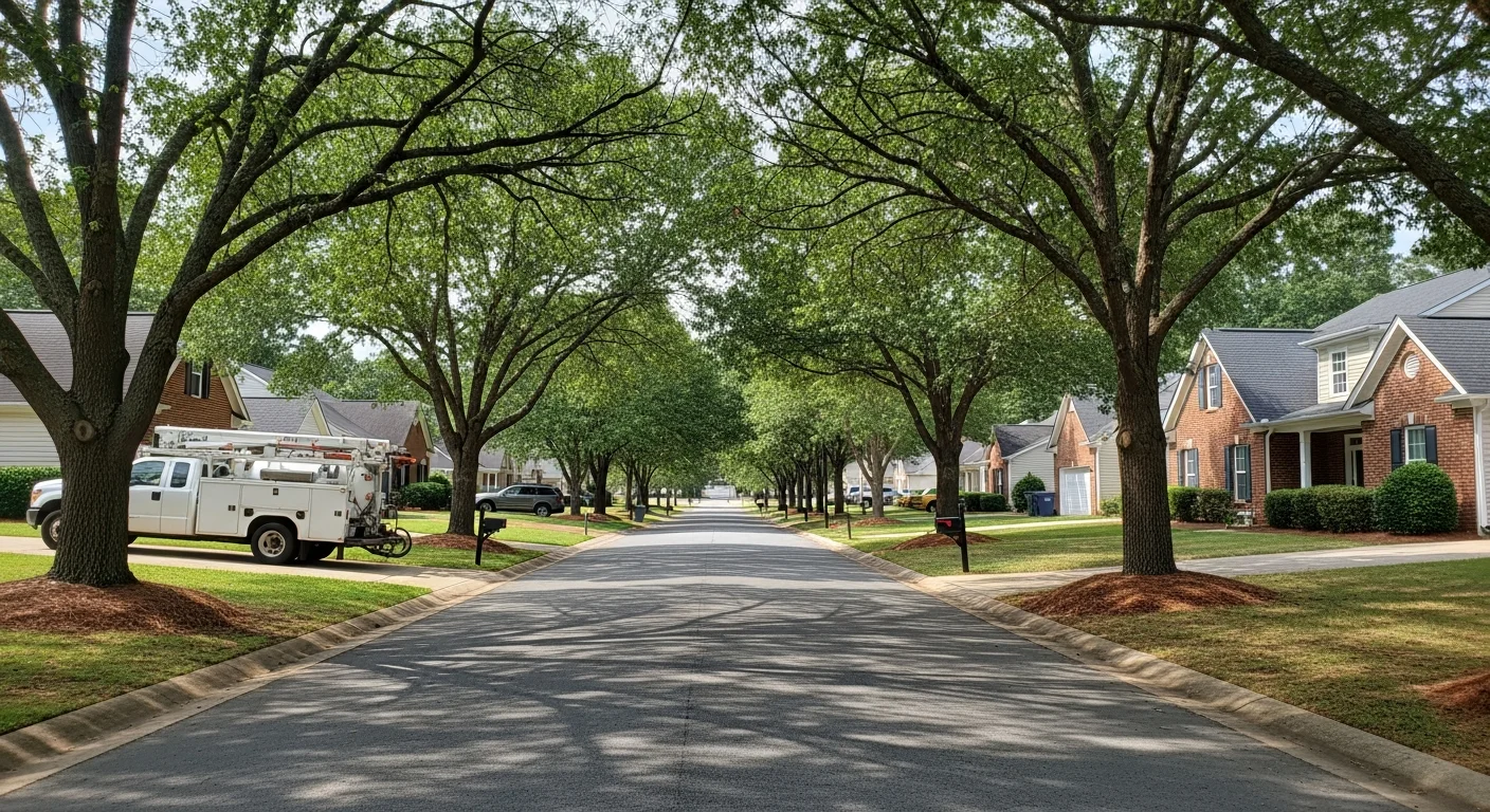 Residential street in Lincoln, NC with well-maintained homes and tree-lined sidewalks during daytime.