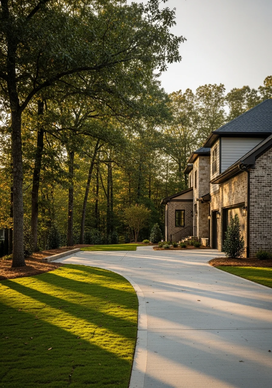 Suburban Mecklenburg County home with contemporary design and professional landscaping.