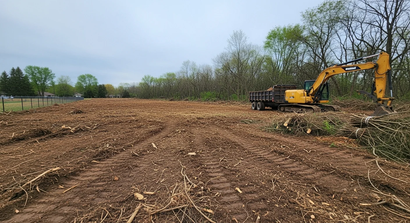 A cleared residential lot in Lincoln, Nebraska with cut brush and saplings removed, exposing bare ground ready for excavation. Piles of woody debris are staged at the property edge for hauling.