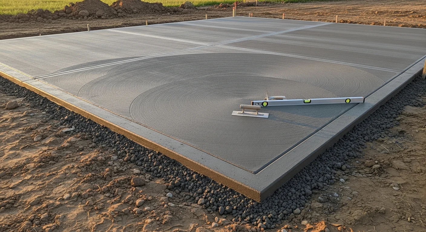 Freshly finished concrete flatwork on a residential property in Lincoln, Nebraska, showing a smooth troweled surface with clean edges adjacent to graded soil. The surrounding ground reflects recent excavation and site preparation work typical of Lancaster County construction projects.