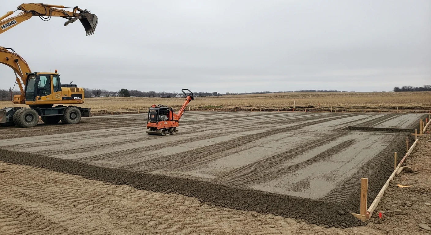 Freshly poured and finished concrete driveway slab on a residential property in Lincoln, Nebraska. Excavated and compacted subgrade is visible at the edges where grading work was completed before the pour.