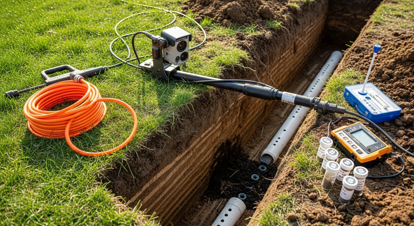 A repaired residential drain field in Lincoln, Nebraska with freshly graded soil and restored lateral lines visible after excavation. A KC Clearing and Septic truck is parked on the property in a Lancaster County backyard setting.