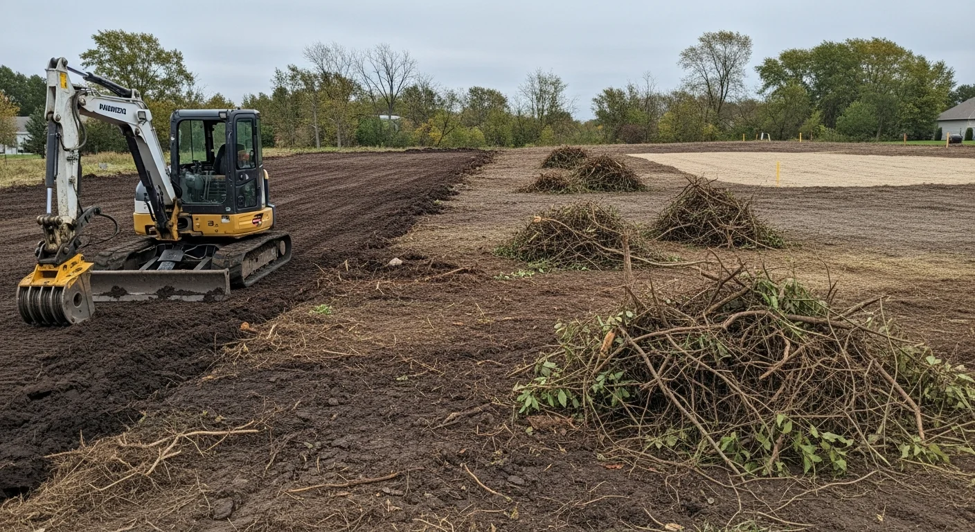 A cleared and graded rural lot in Lincoln, Nebraska with stumps and brush removed, showing exposed soil ready for construction or septic installation. Heavy excavation equipment is visible at the edge of the cleared area.