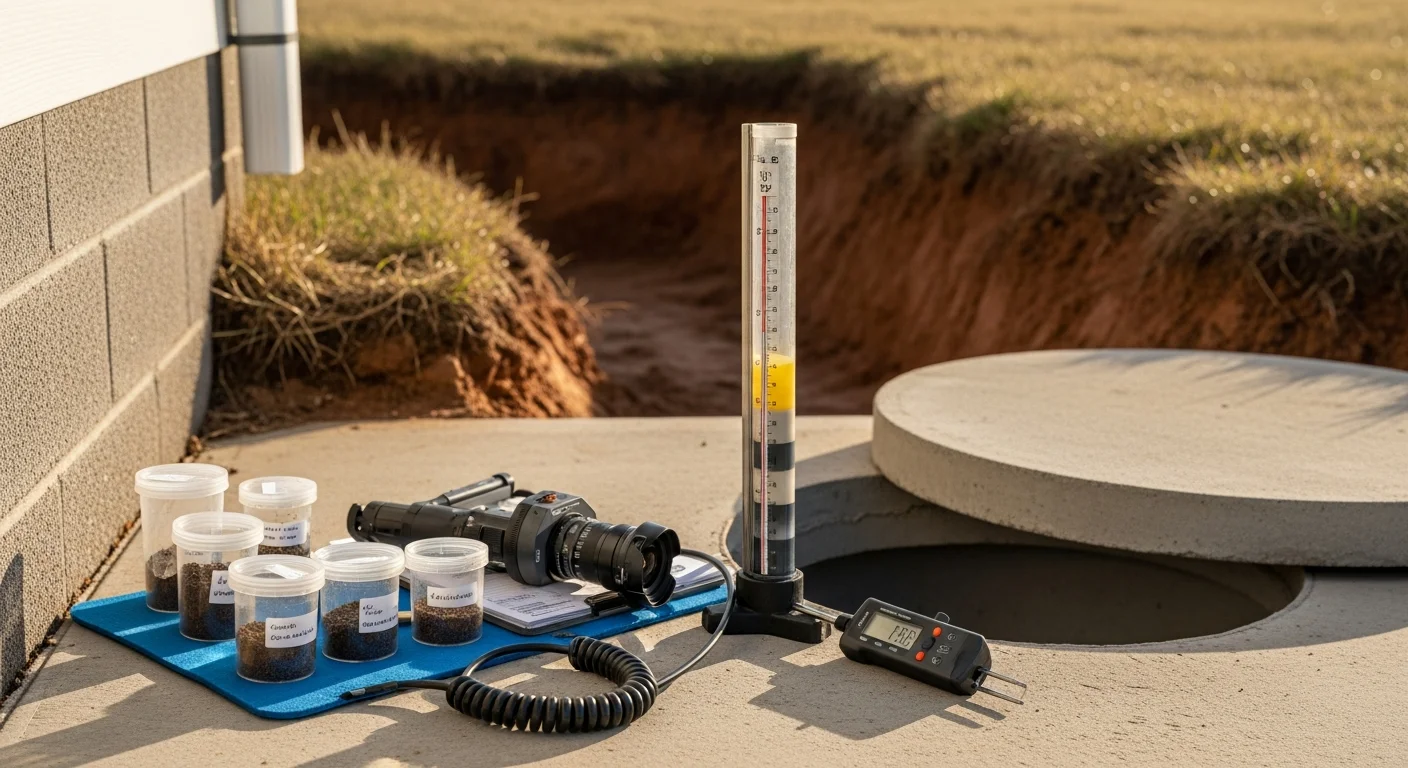 A septic system technician from KC Clearing and Septic inspecting an exposed tank lid and inlet baffle at a residential property in Lincoln, Nebraska. The drain field and surrounding Lancaster County soil are visible in the background.