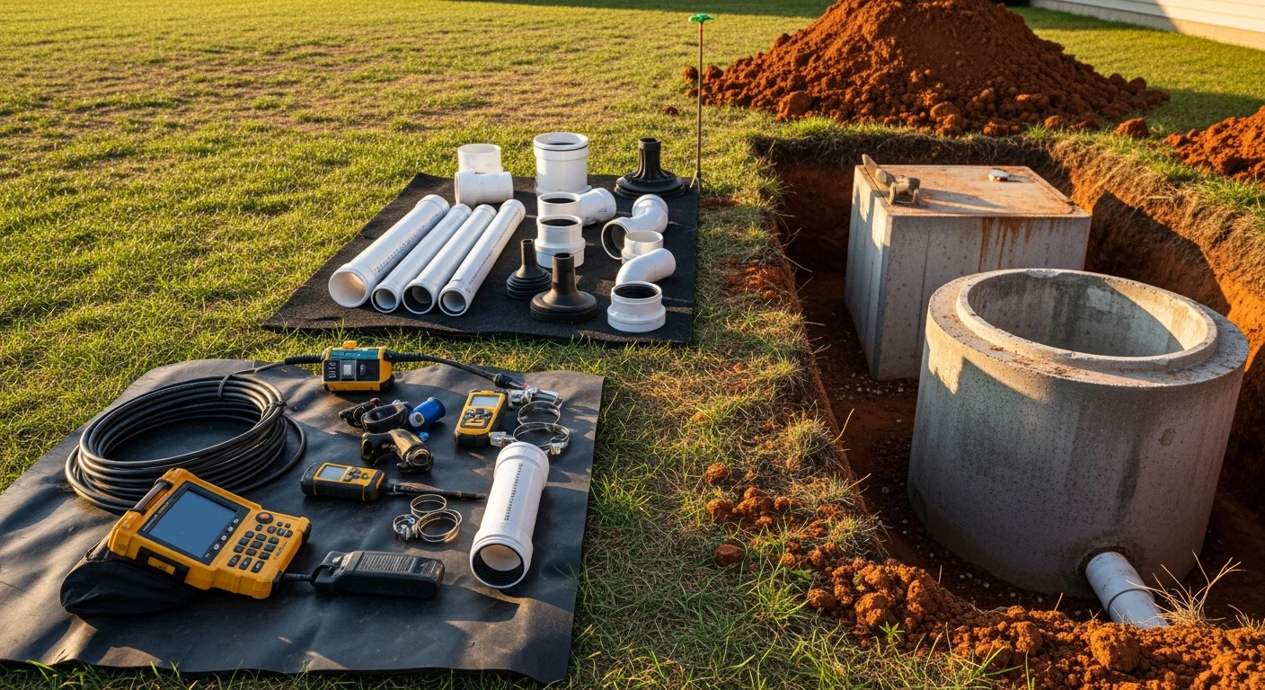 A septic system repair crew inspecting an open tank and distribution box on a residential property in Lincoln. Excavated soil surrounds the exposed system components during a drain field assessment.