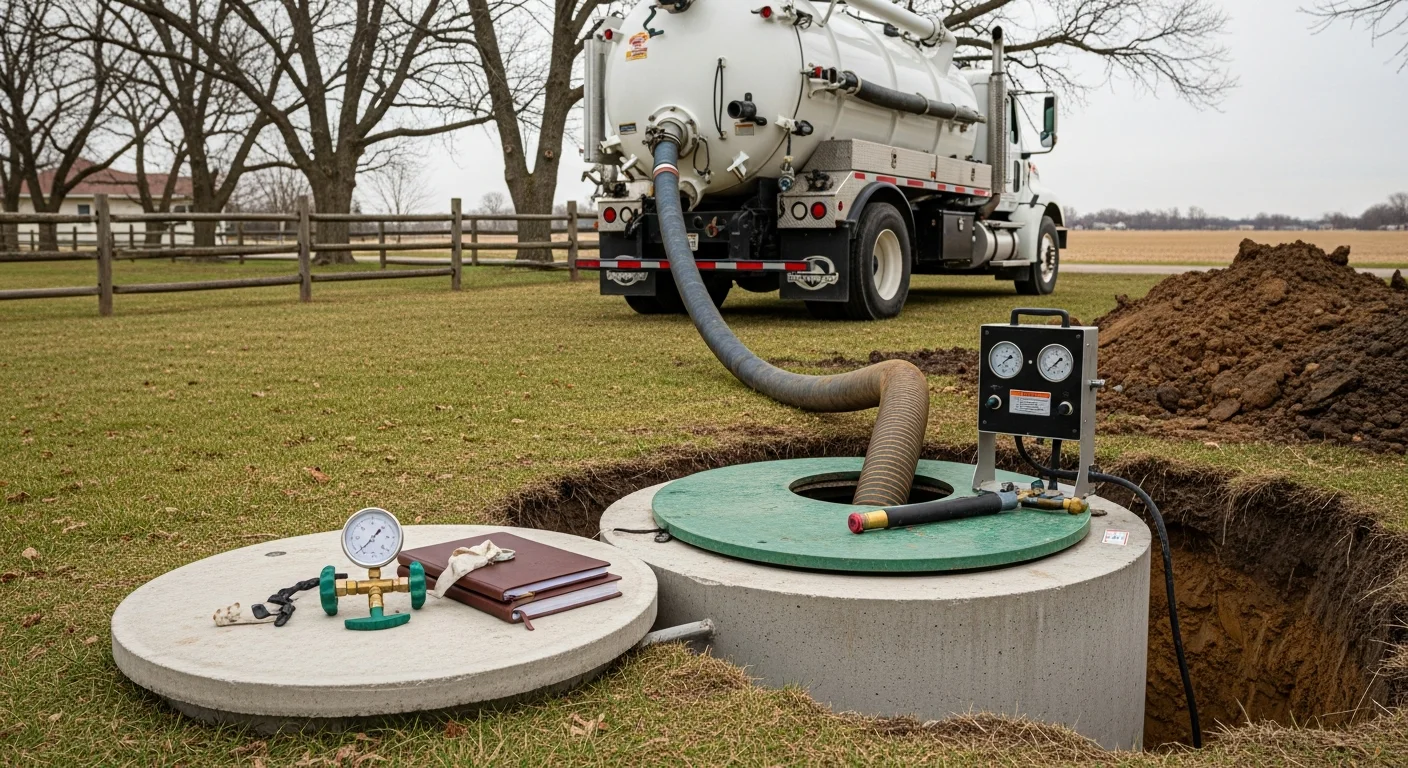 A KC Clearing and Septic vacuum truck parked beside a residential property in Lincoln while a technician accesses the septic tank lid for pumping service. The drain field area in the background shows a well-maintained yard with no pooling or surface saturation.