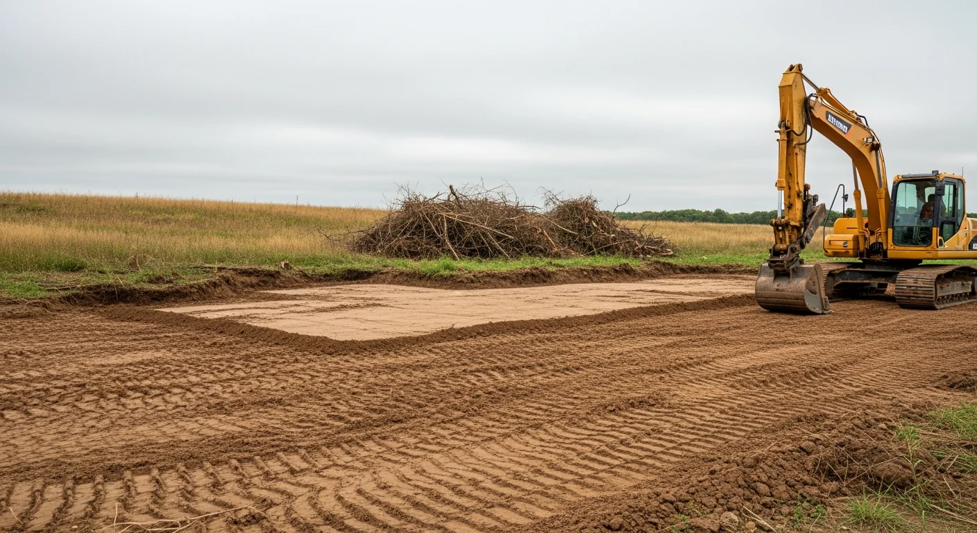 A cleared and rough-graded residential lot in Lincoln, Nebraska with topsoil leveled and tree stumps removed, ready for foundation work. An excavator sits at the edge of the prepared site with open sky overhead.